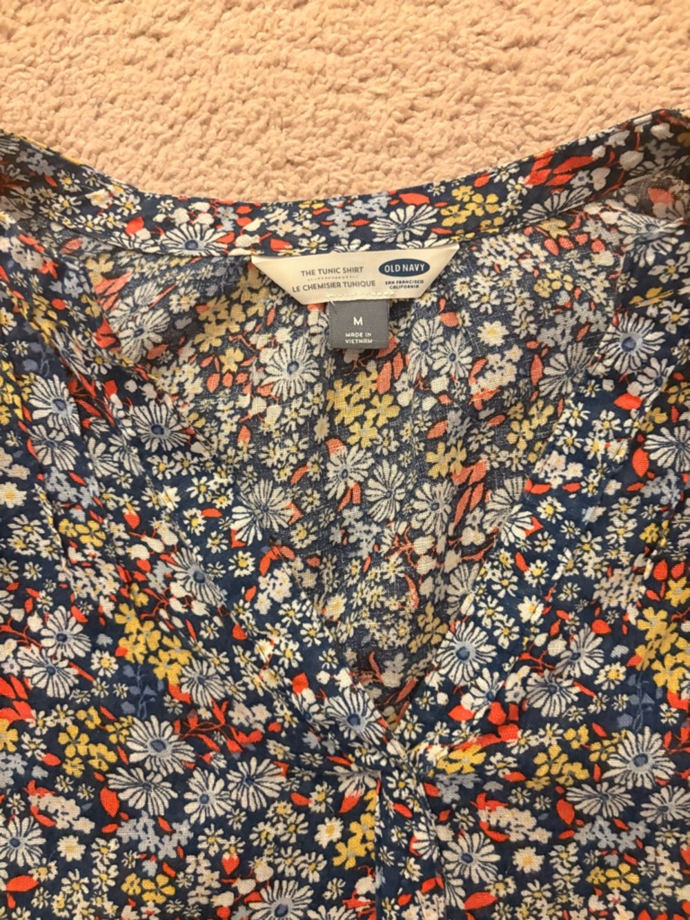 Old Navy Navy Floral V-Neck Tunic with White, Yellow & Coral Accents